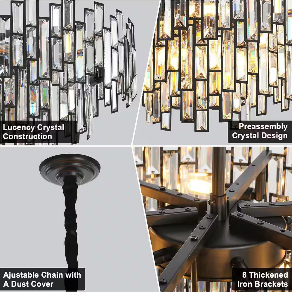 24 In. Modern Chandelier 10-Light 3-Tier Black round K9 Crystal Chandelier for Dining Room, Living Room Entryway & Foyer