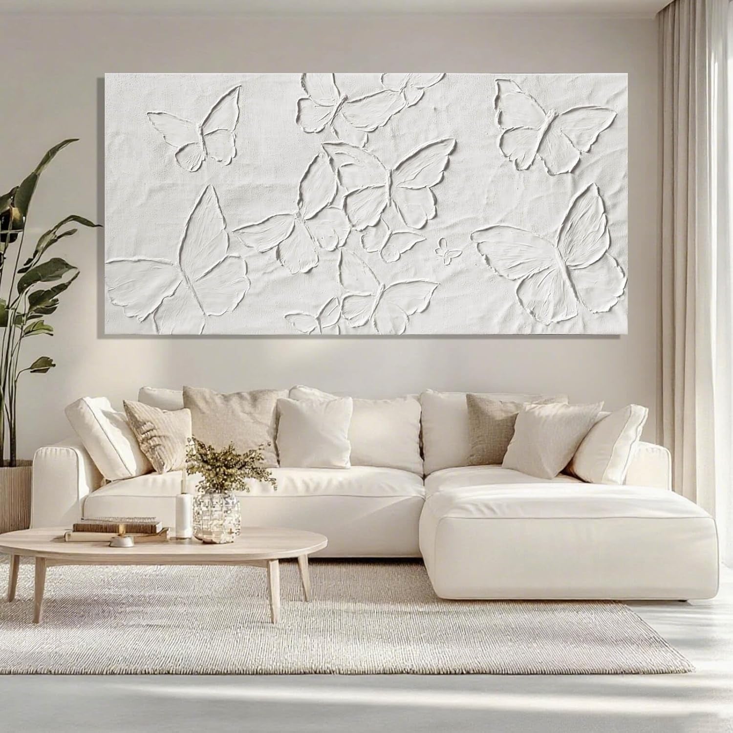 Large White Aesthetic Canvas Wall Art | Butterfly Wall Art for Wall Decor, Office Art, Living Room or Bedroom Wall Decor, Hallway Decor 29" X 58"
