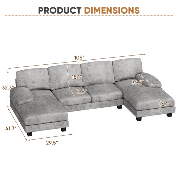 U-Shape 6 Seat Sectional Sofa, Chenille Fabric Modular Couch, Oversized Sofa with Chaise for Living Room, Light Gray