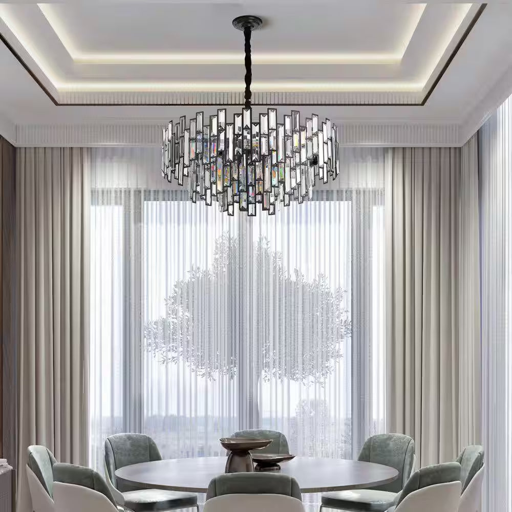 24 In. Modern Chandelier 10-Light 3-Tier Black round K9 Crystal Chandelier for Dining Room, Living Room Entryway & Foyer