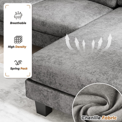 U-Shape 6 Seat Sectional Sofa, Chenille Fabric Modular Couch, Oversized Sofa with Chaise for Living Room, Light Gray