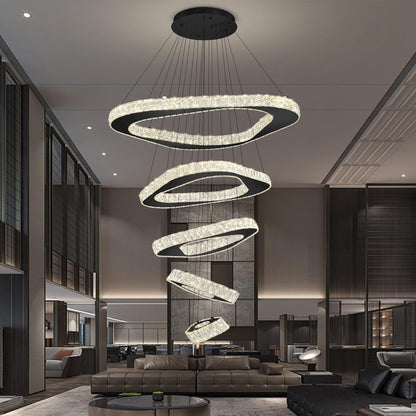 Large Modern Chandelier 5 Ring Chandeliers for High Ceiling Dimmable Black Chandelier High Ceiling Foyer Chandeliers for Living Room Dining Room Staircase