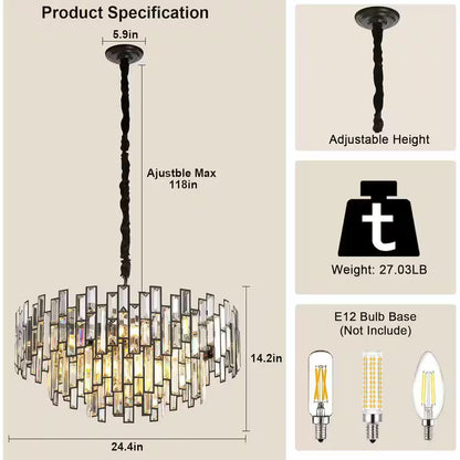 24 In. Modern Chandelier 10-Light 3-Tier Black round K9 Crystal Chandelier for Dining Room, Living Room Entryway & Foyer