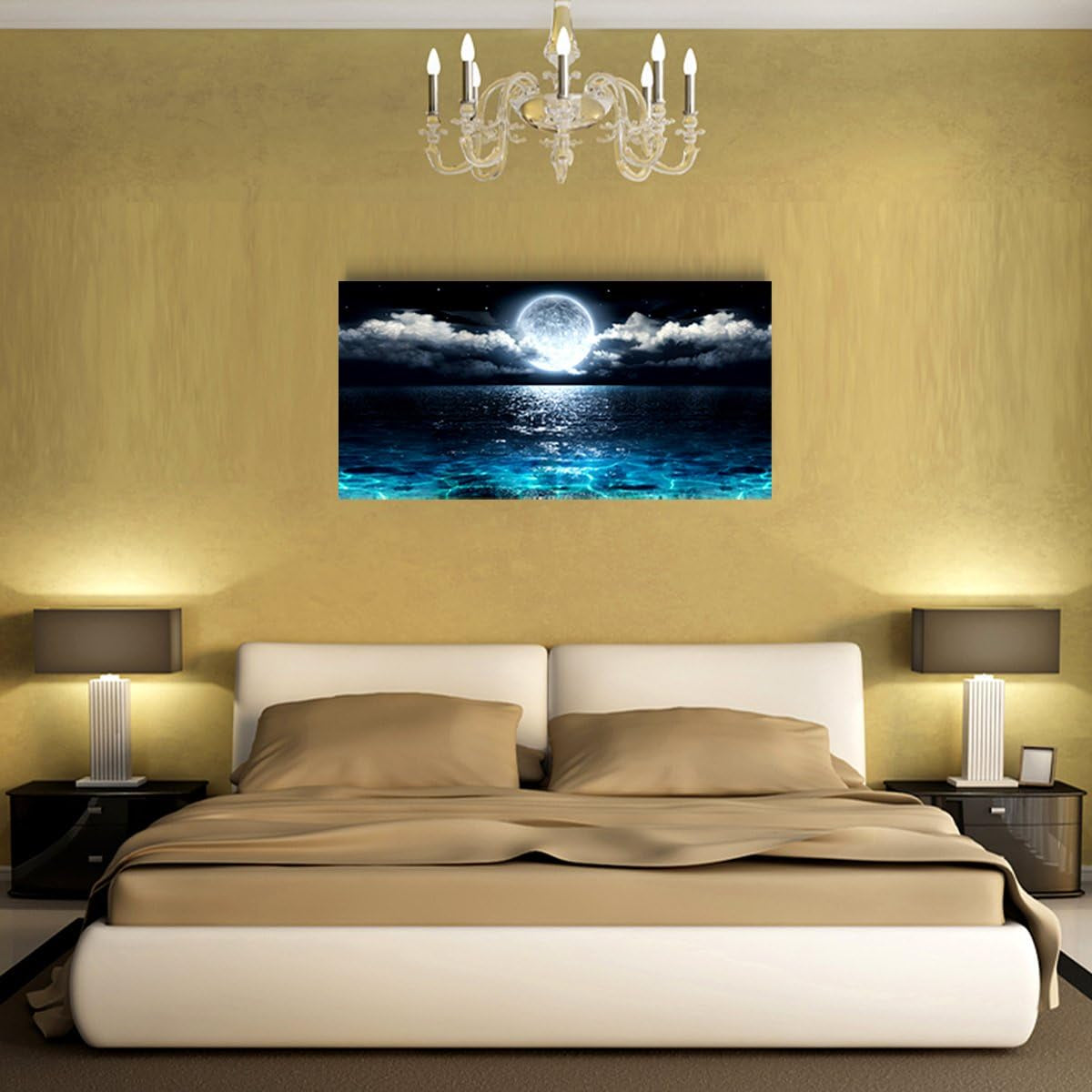 Wall Art Moon Sea Ocean Landscape Picture Canvas Wall Art Print Paintings Modern Artwork for Living Room Wall Decor and Home Décor Framed Ready to Hang,1Inch Thick Frame, Waterproof Artwork.
