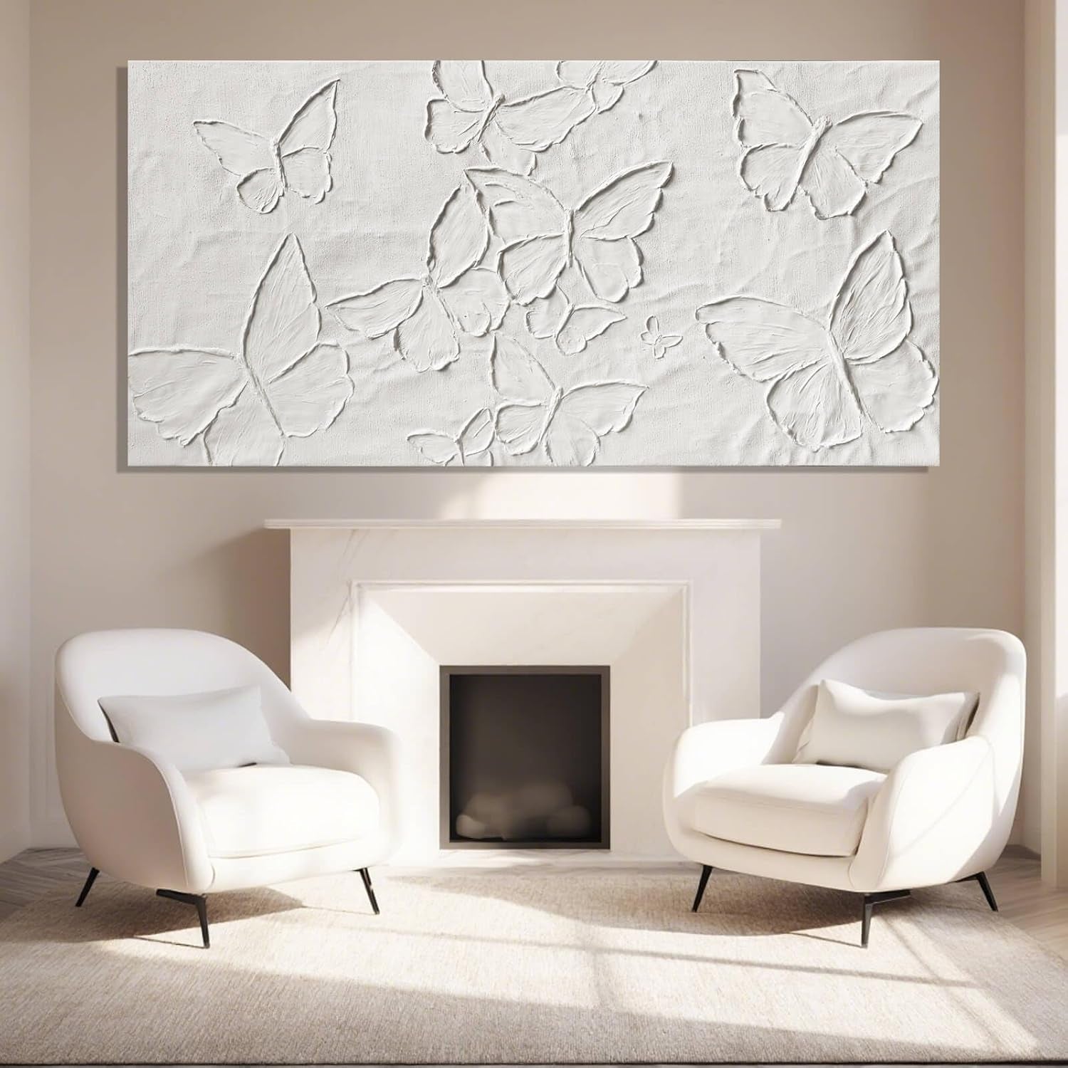 Large White Aesthetic Canvas Wall Art | Butterfly Wall Art for Wall Decor, Office Art, Living Room or Bedroom Wall Decor, Hallway Decor 29" X 58"