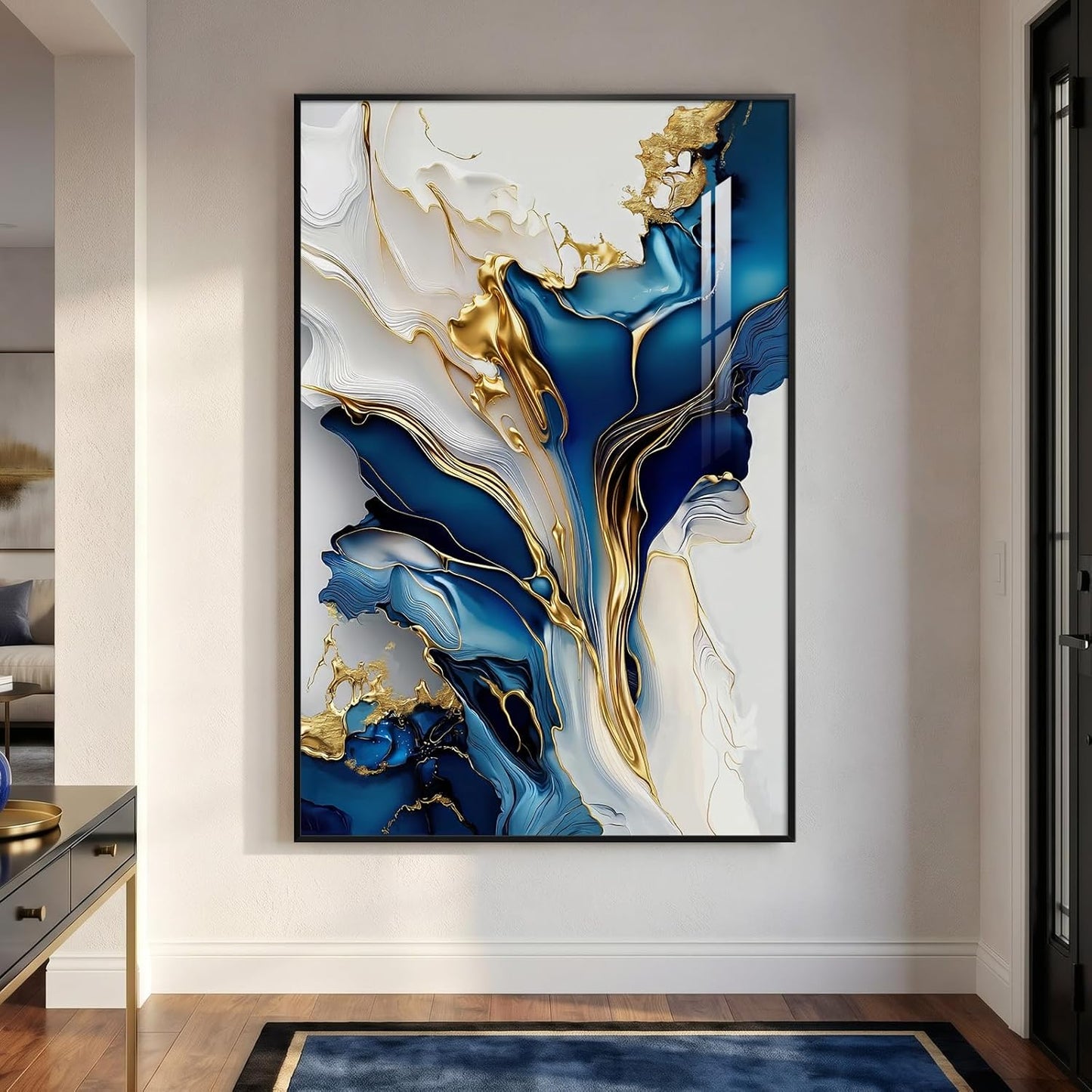 Extra Large Black Framed Gold and Blue Abstract Wall Art for Living Room, Vertical Modern Elegant Prints Painting Artwork for Walls, Contemporary Pictures Wall Decor for Bedroom and Office, 40X60 In