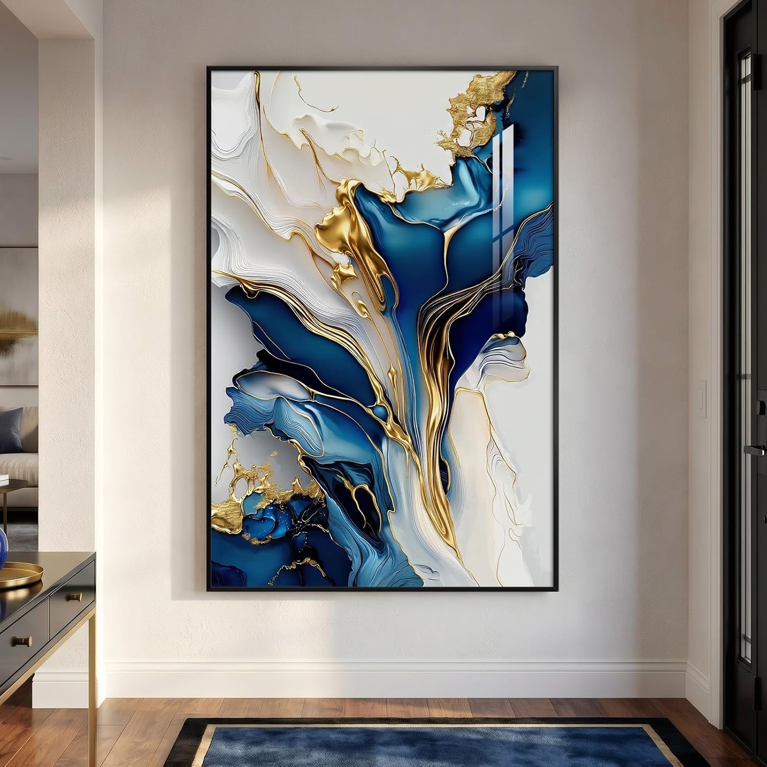 Extra Large Black Framed Gold and Blue Abstract Wall Art for Living Room, Vertical Modern Elegant Prints Painting Artwork for Walls, Contemporary Pictures Wall Decor for Bedroom and Office, 40X60 In