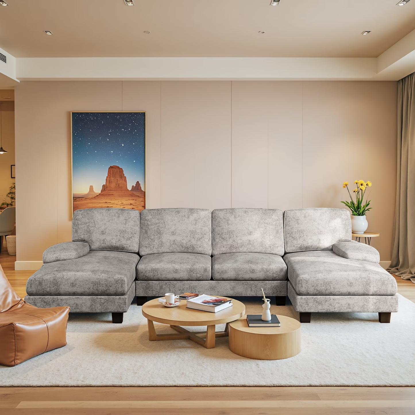 U-Shape 6 Seat Sectional Sofa, Chenille Fabric Modular Couch, Oversized Sofa with Chaise for Living Room, Light Gray