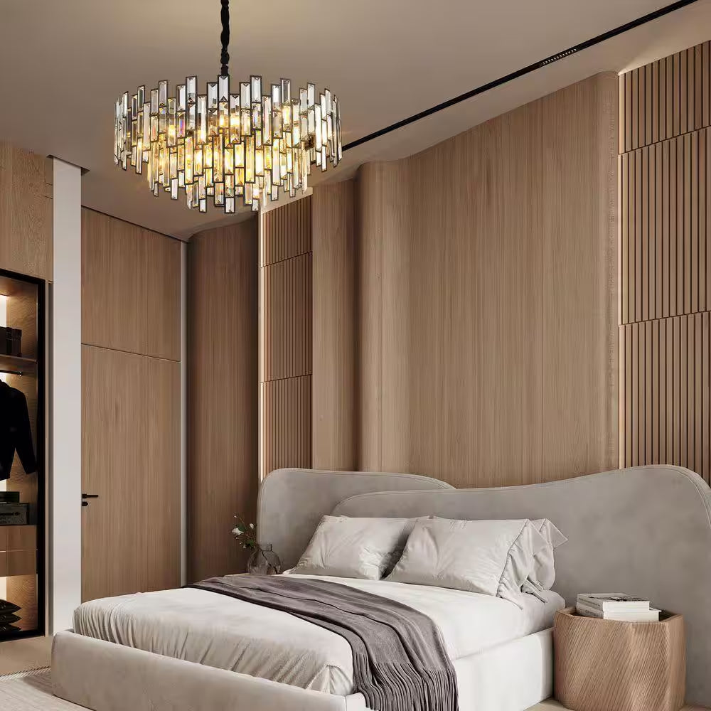 24 In. Modern Chandelier 10-Light 3-Tier Black round K9 Crystal Chandelier for Dining Room, Living Room Entryway & Foyer