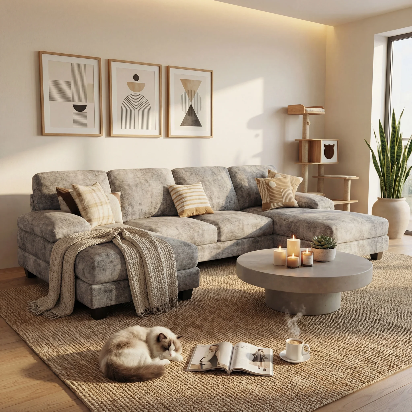 U-Shape 6 Seat Sectional Sofa, Chenille Fabric Modular Couch, Oversized Sofa with Chaise for Living Room, Light Gray