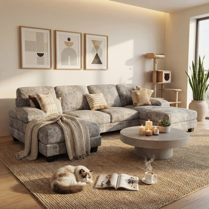 U-Shape 6 Seat Sectional Sofa, Chenille Fabric Modular Couch, Oversized Sofa with Chaise for Living Room, Light Gray