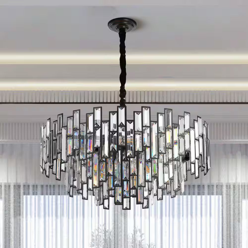 24 In. Modern Chandelier 10-Light 3-Tier Black round K9 Crystal Chandelier for Dining Room, Living Room Entryway & Foyer