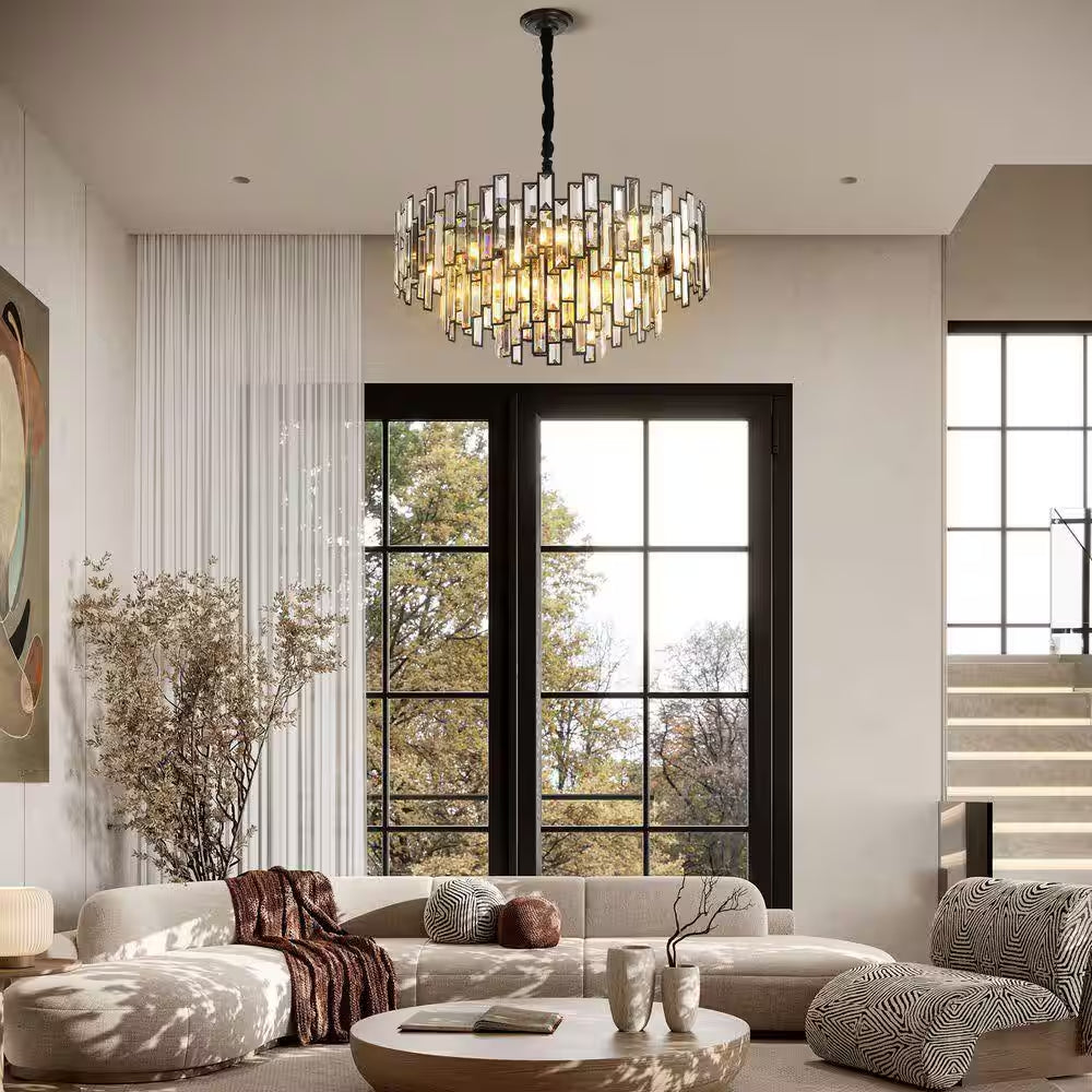 24 In. Modern Chandelier 10-Light 3-Tier Black round K9 Crystal Chandelier for Dining Room, Living Room Entryway & Foyer