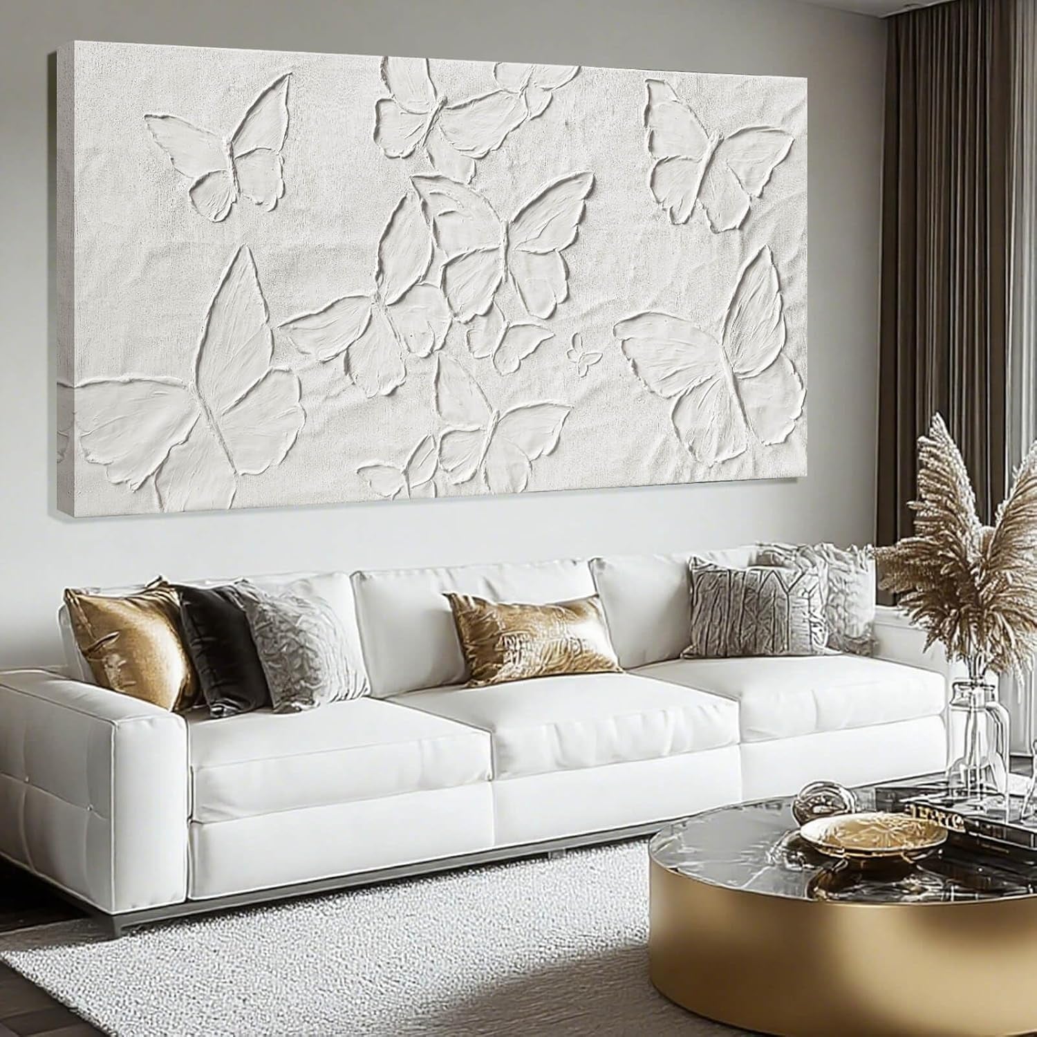 Large White Aesthetic Canvas Wall Art | Butterfly Wall Art for Wall Decor, Office Art, Living Room or Bedroom Wall Decor, Hallway Decor 29" X 58"