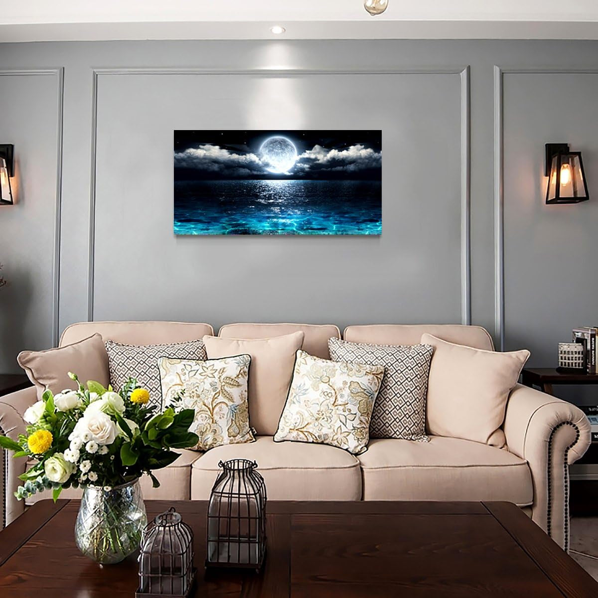 Wall Art Moon Sea Ocean Landscape Picture Canvas Wall Art Print Paintings Modern Artwork for Living Room Wall Decor and Home Décor Framed Ready to Hang,1Inch Thick Frame, Waterproof Artwork.