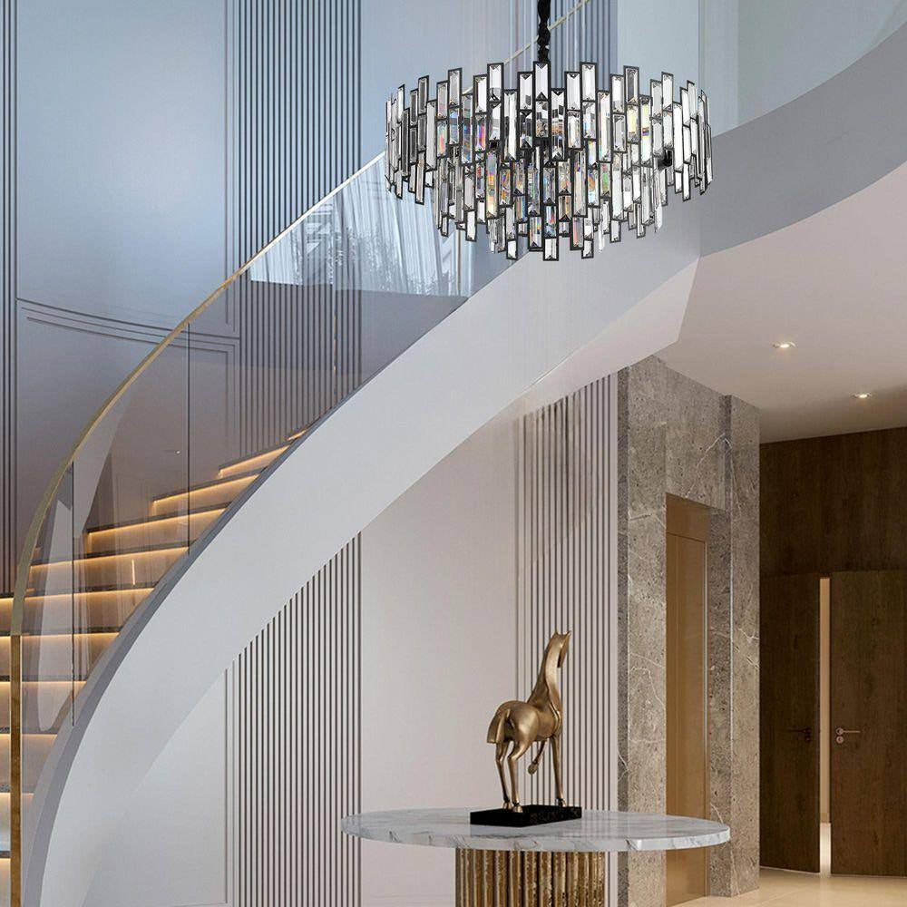 24 In. Modern Chandelier 10-Light 3-Tier Black round K9 Crystal Chandelier for Dining Room, Living Room Entryway & Foyer
