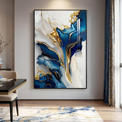 Extra Large Black Framed Gold and Blue Abstract Wall Art for Living Room, Vertical Modern Elegant Prints Painting Artwork for Walls, Contemporary Pictures Wall Decor for Bedroom and Office, 40X60 In
