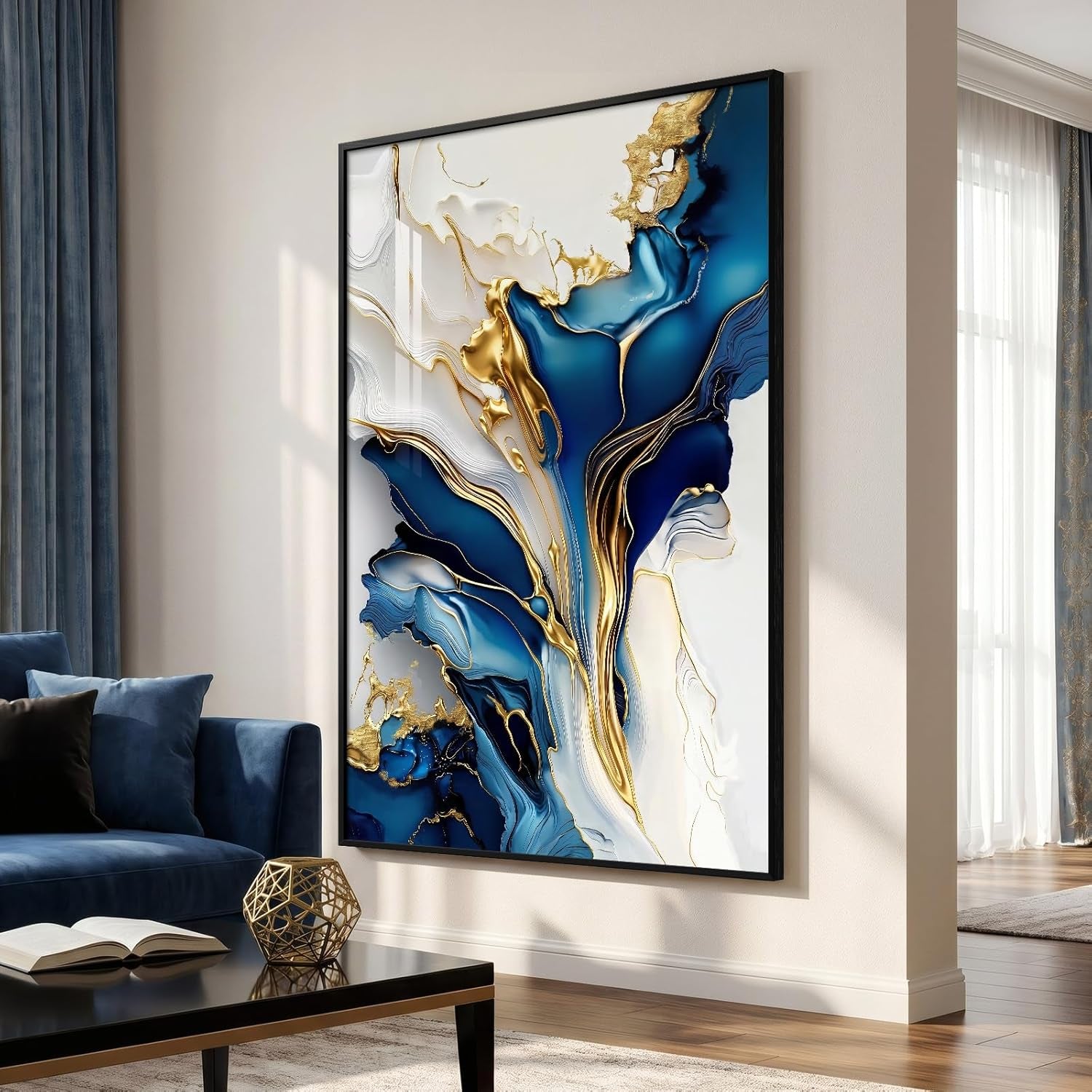 Extra Large Black Framed Gold and Blue Abstract Wall Art for Living Room, Vertical Modern Elegant Prints Painting Artwork for Walls, Contemporary Pictures Wall Decor for Bedroom and Office, 40X60 In