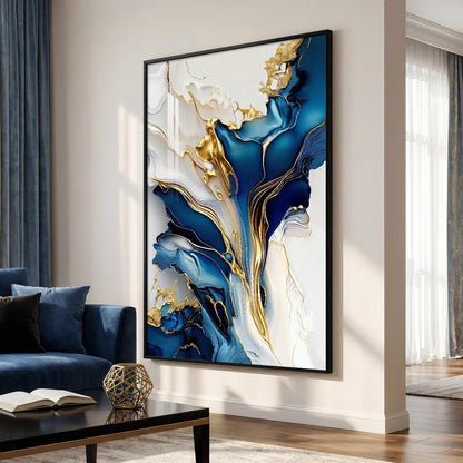 Extra Large Black Framed Gold and Blue Abstract Wall Art for Living Room, Vertical Modern Elegant Prints Painting Artwork for Walls, Contemporary Pictures Wall Decor for Bedroom and Office, 40X60 In