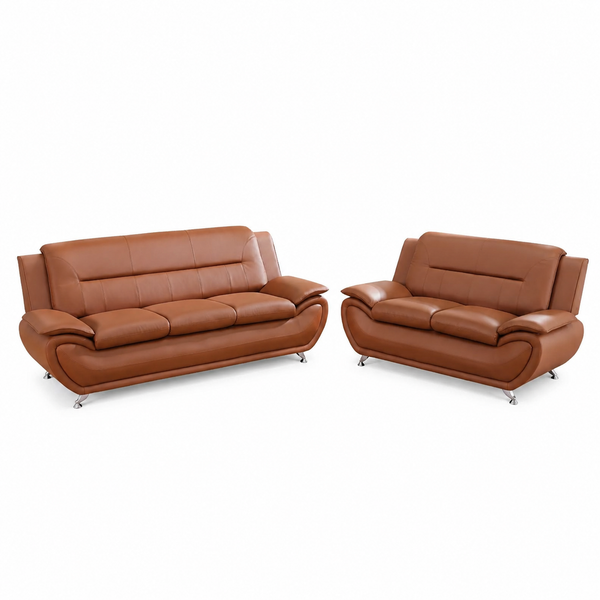 Faux Leather 2 Piece Sofa Set, Modern Orange Living Room Couch and Loveseat with Solid Wood Frames, Foam Filled, Button Tufted