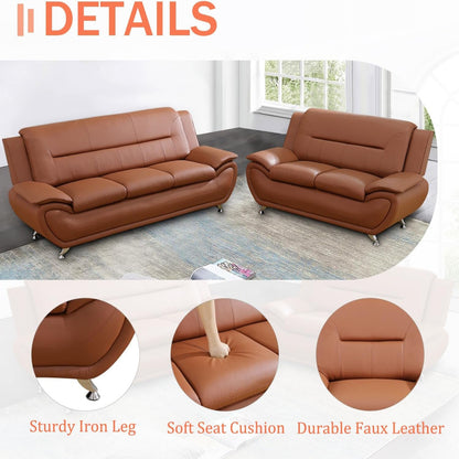 Faux Leather 2 Piece Sofa Set, Modern Orange Living Room Couch and Loveseat with Solid Wood Frames, Foam Filled, Button Tufted