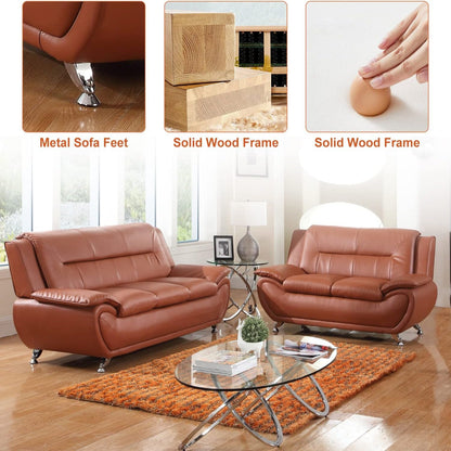 Faux Leather 2 Piece Sofa Set, Modern Orange Living Room Couch and Loveseat with Solid Wood Frames, Foam Filled, Button Tufted