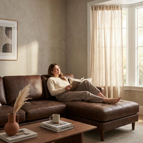 Mid-Century Sectional Sofa Built for Modern Living, 98 Inch, Top Grain Leather, Walnut Legs