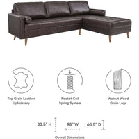 Mid-Century Sectional Sofa Built for Modern Living, 98 Inch, Top Grain Leather, Walnut Legs