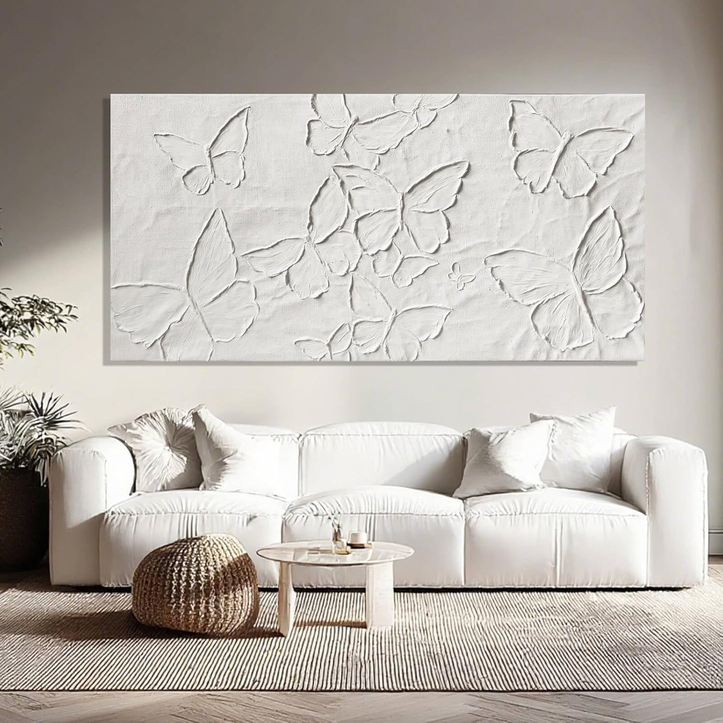 Large White Aesthetic Canvas Wall Art | Butterfly Wall Art for Wall Decor, Office Art, Living Room or Bedroom Wall Decor, Hallway Decor 29" X 58"