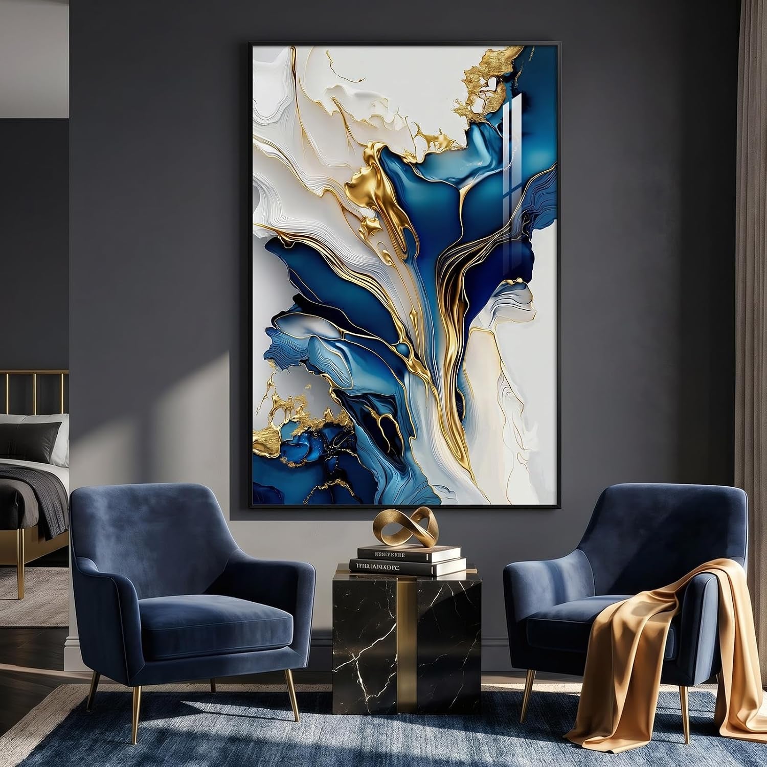 Extra Large Black Framed Gold and Blue Abstract Wall Art for Living Room, Vertical Modern Elegant Prints Painting Artwork for Walls, Contemporary Pictures Wall Decor for Bedroom and Office, 40X60 In