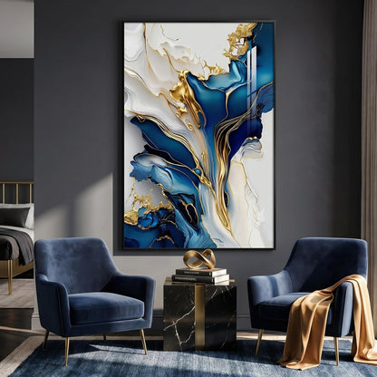 Extra Large Black Framed Gold and Blue Abstract Wall Art for Living Room, Vertical Modern Elegant Prints Painting Artwork for Walls, Contemporary Pictures Wall Decor for Bedroom and Office, 40X60 In