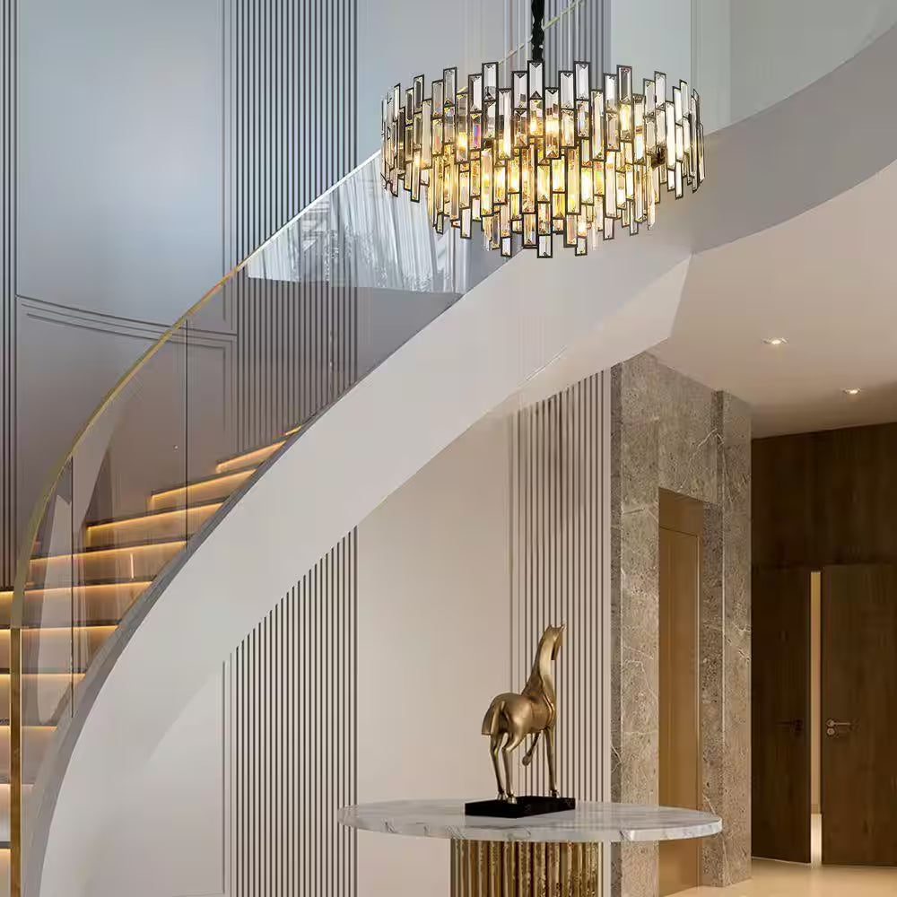 24 In. Modern Chandelier 10-Light 3-Tier Black round K9 Crystal Chandelier for Dining Room, Living Room Entryway & Foyer