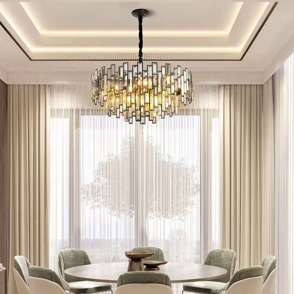 24 In. Modern Chandelier 10-Light 3-Tier Black round K9 Crystal Chandelier for Dining Room, Living Room Entryway & Foyer