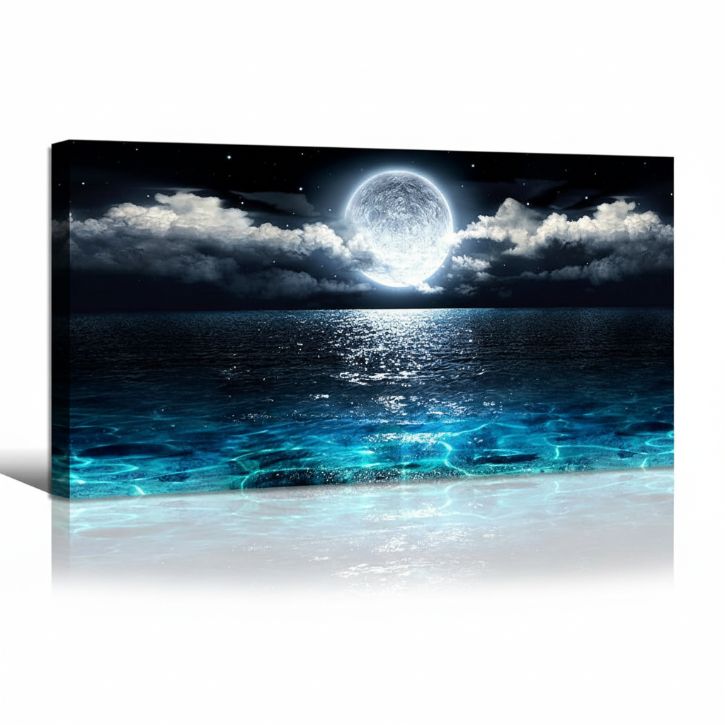 Wall Art Moon Sea Ocean Landscape Picture Canvas Wall Art Print Paintings Modern Artwork for Living Room Wall Decor and Home Décor Framed Ready to Hang,1Inch Thick Frame, Waterproof Artwork.