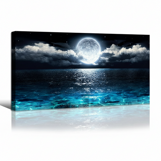 Wall Art Moon Sea Ocean Landscape Picture Canvas Wall Art Print Paintings Modern Artwork for Living Room Wall Decor and Home Décor Framed Ready to Hang,1Inch Thick Frame, Waterproof Artwork.