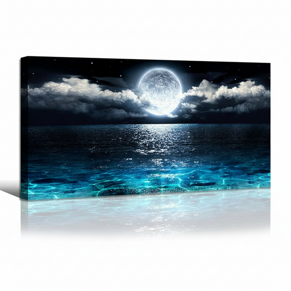 Wall Art Moon Sea Ocean Landscape Picture Canvas Wall Art Print Paintings Modern Artwork for Living Room Wall Decor and Home Décor Framed Ready to Hang,1Inch Thick Frame, Waterproof Artwork.